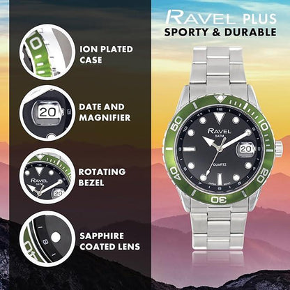 Ravel Mens Fashion Sports 42mm Round 5ATM Dated Dial Uni-Directional Bezel Silver Plated Bracelet Watch RPD-MB Available Multi Colors