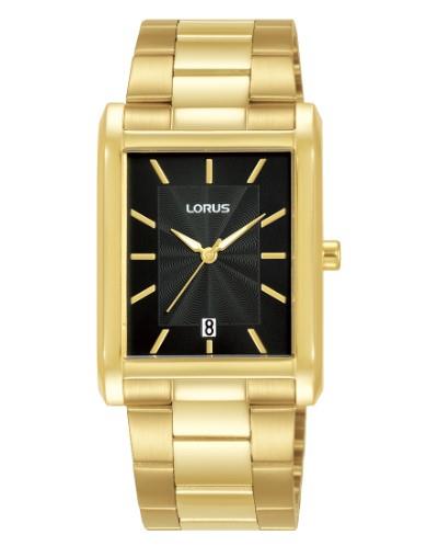 Lorus Mens Basic Fashion Rectangular Date Black Dial Gold tone Stainless Steel Bracelet Watch RH938RX9