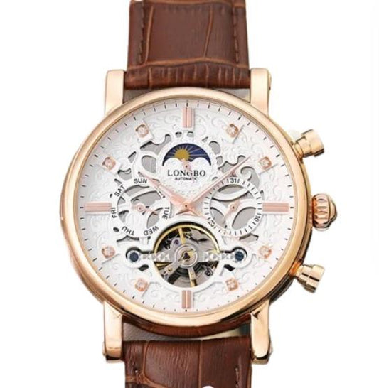 Longbo Mens Automatic Hollow mechanical Dial Analogue Gold/Brown Leather Strap Watch