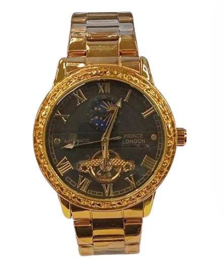 NY London Mens Automatic Black Dial Analogue Gold Plated Metal Strap Bracelet Watch