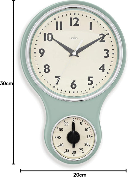 Acctim Kitchen Time 20cm Timer Quartz Retro Style Domed Glass Lens Wall Clock Available Multi Colour