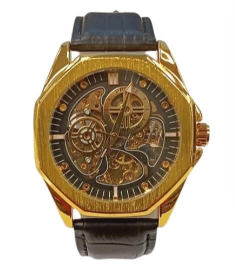 NY London Mens Automatic Dial Analogue Gold/Black Leather Strap Watch