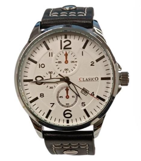 Clasico Mens Sports Water Resistant Dated White Dial Black Leatherr Strap Watch