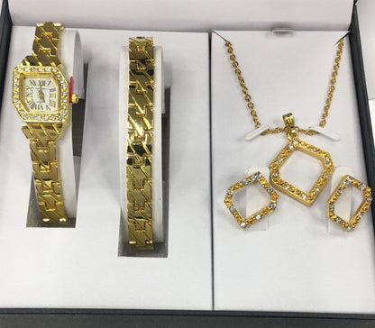 Paul Salatini Ladies Bling White Dial Gold Barcelet, Necklace, Earring with Watch Gift Sets 8085-WH-G