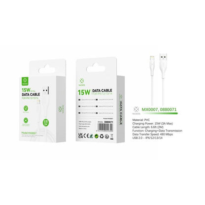 Woox USB to Lightning PVC Data Cable, 15W 3A Max, 1m/2m/3m, Black/White