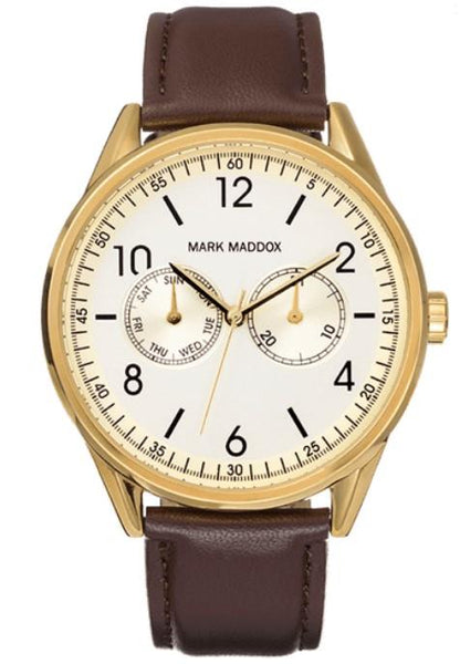 Mark Maddox Mens Quartz with Gold Dial Analogue Brown Leather Strap Watch - CLEARANCE NEEDS RE-BATTERY