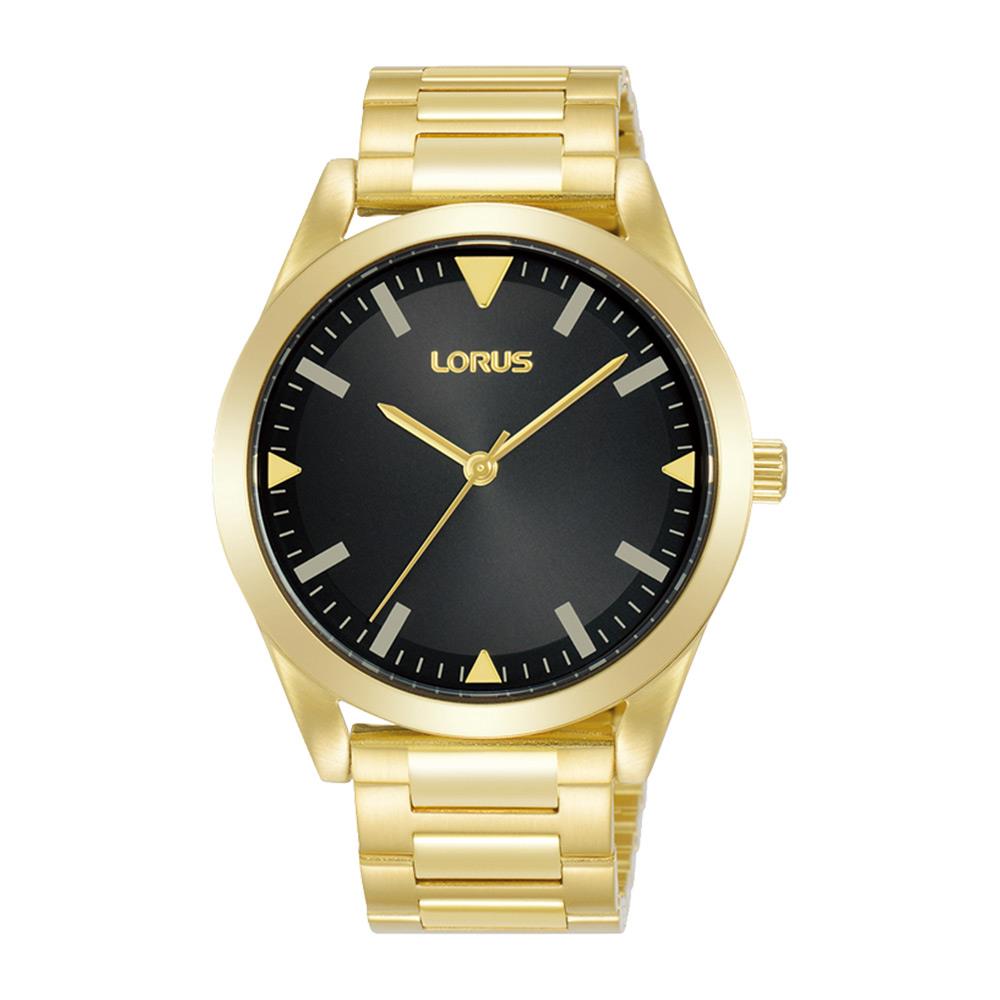 Lorus Mens Black Dial Gold Plated Stainless steel Bracelet Watch RG292UX9