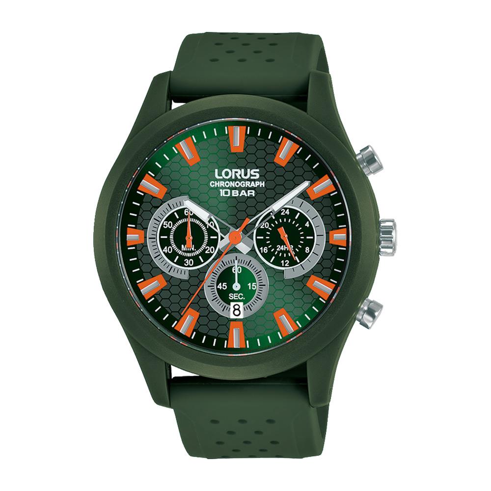 Lorus Mens Dark green sunray diaL chonagraph silicone strap watch RT375JX9