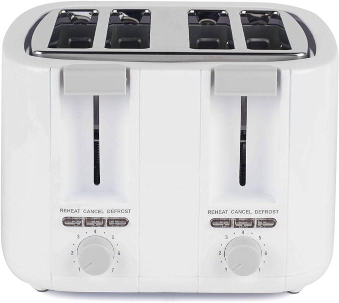 Progress 4 Slice Toaster – Anti-Jam Auto-Centring Toasting Slots, Adjustable 7 Levels of Browning, Compact Design, Defrost/Reheat/Cancel Functions, Removable Crumb Tray, 1500 W, White