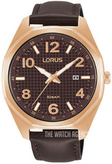 Lorus Mens Brown Dial Quartz Dated Dial Rose Gold Case Brown Leather Strap Watch RH972NX9 BRAND NEW BUT NEEDS BATTERY