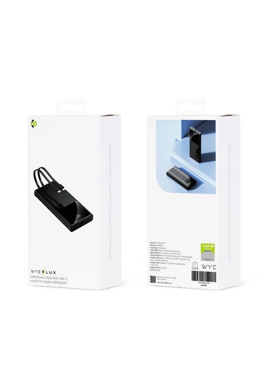 WYE FLUX 10000mAh Power Bank with USB-C & 8-pin Cables