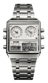 S135 Mens Chronograph Fashion Ana Digital Square Big Dated Dial Stainless Steel Bracelet Watch NY London Available Multiple Colour