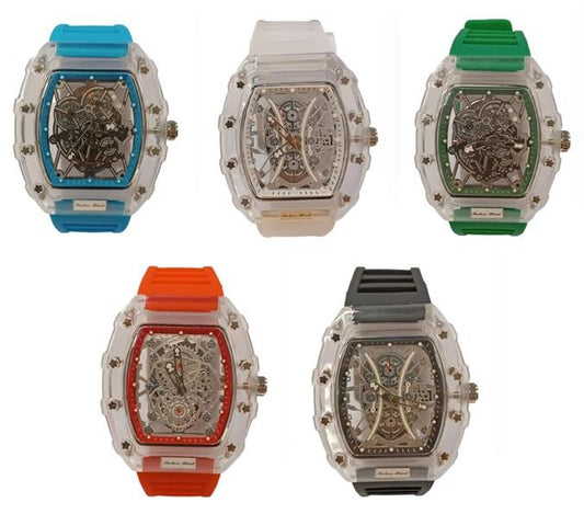 Fashion Mens Quartz Movement Skeleton Clear Dial Rubber Strap Watch Available Multiple Colour (NY London)