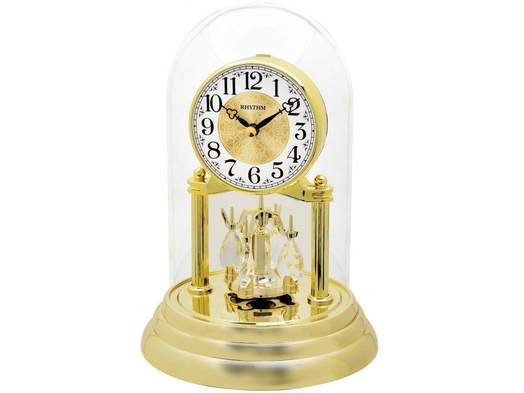 Rhythm Dome Glass Rotating Pendulum Gold Coloured Anniversary Mantel Clock