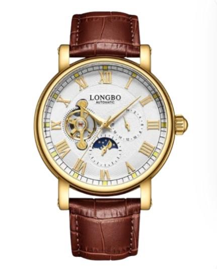 Longbo Mens Automatic Hollow mechanical Dial Analogue Gold/Brown Leather Strap Watch