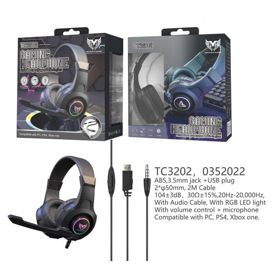 MTK Gaming Headphone with Mic & Volume Control, Coloured RGB Light, 3.5 Audio Adapter included, Compatible with PC/PS4/Xbox One TC3202