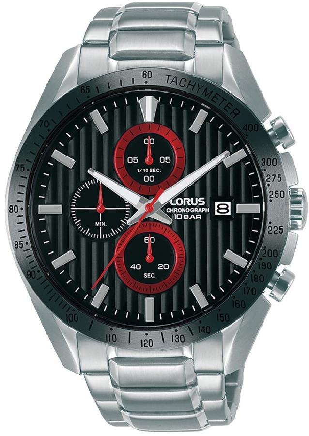 Lorus Mens Sports Chronograph Dated Black Dial Stainless Steel Bracelet Watch RM303HX9