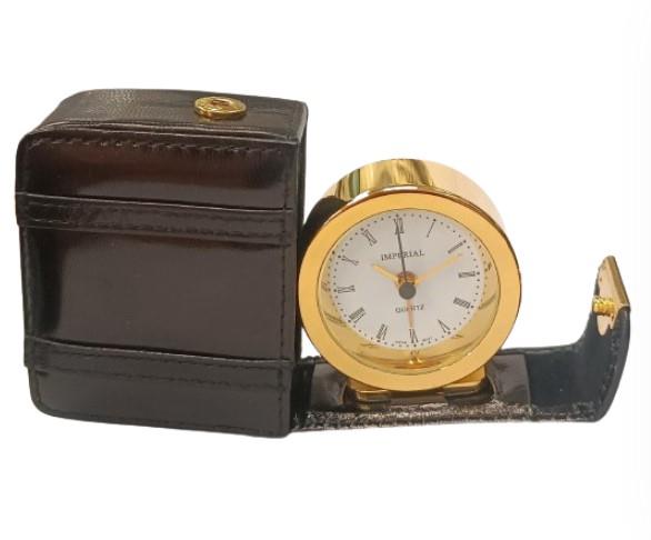 Imperial Travel Alarm Clock folds away into Black Leather bag  IMP610BL - CLEARANCE NEEDS RE-BATTERY