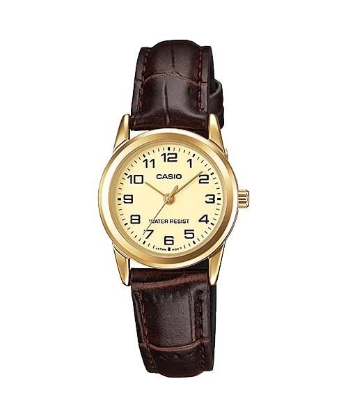 Casio Women's Analogue Designer Gold Dial Brown Leather Strap Watch - LTP-V001GL-9BUDF