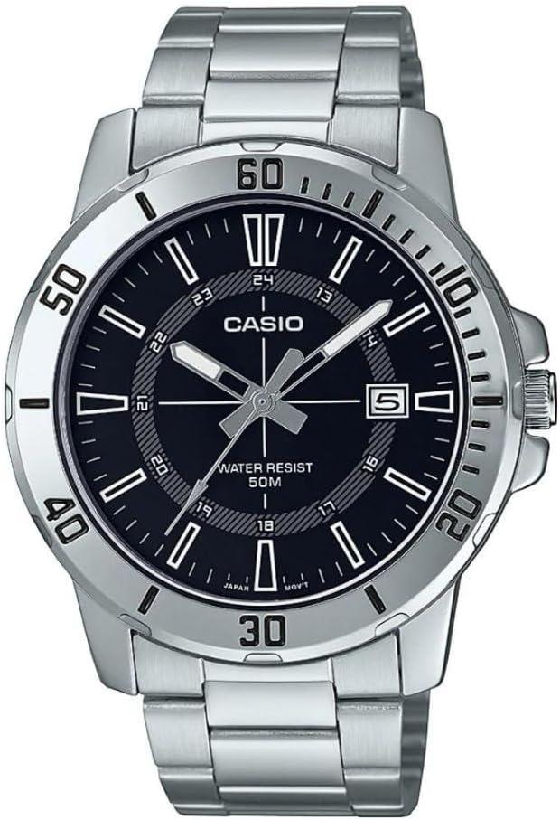 Casio Mens Analogue Dated Black Dial Silver Stainless Steel Bracelet Watch