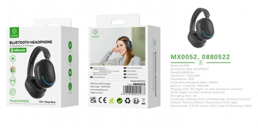 Woox MX0052 Deep Base Bluetooth Headphones, with LED Lights, BT 5.4, 400mAh Battery, 6-19.5 Hours Play Time, Black