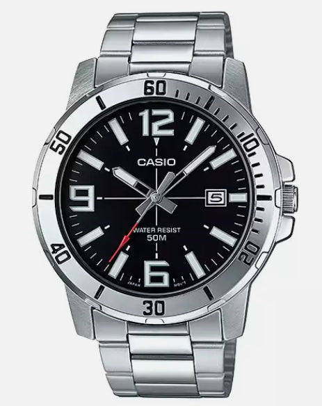 Casio Men's Silver Stainless Steel Black Dial Analogue Watch MTP-VD01D-1BVUDF
