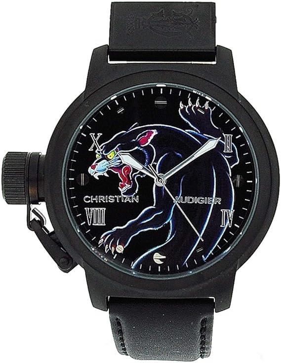 CHRISTIAN AUDIGIER Mens Black/Blue Panther Dial with Black Leather Strap Watch - CLEARANCE NEEDS RE-BATTERY