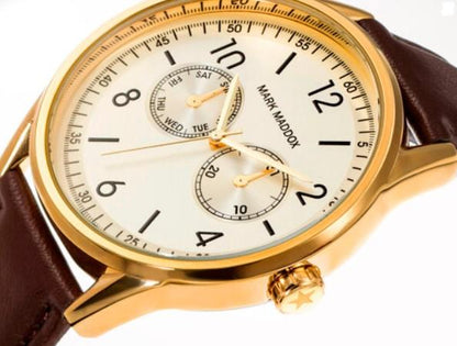 Mark Maddox Mens Quartz with Gold Dial Analogue Brown Leather Strap Watch - CLEARANCE NEEDS RE-BATTERY
