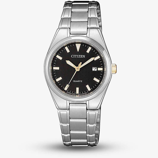 Citizen Ladies Basic Dated Black Dial Stainless Steel Bracelet Watch EU3069-57E