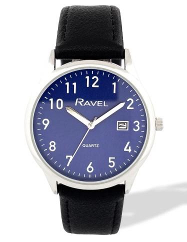 Ravel Mens Basic Silver case Dated Dial With Black Faux Leather Strap Watch Available Multiple Colour