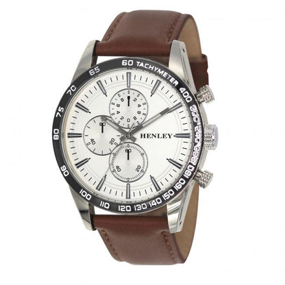 Henley Mens Fashion Polished Silver Sports Multi Eye Dial Leather Strap Watch H03016 Available Multiple Colour