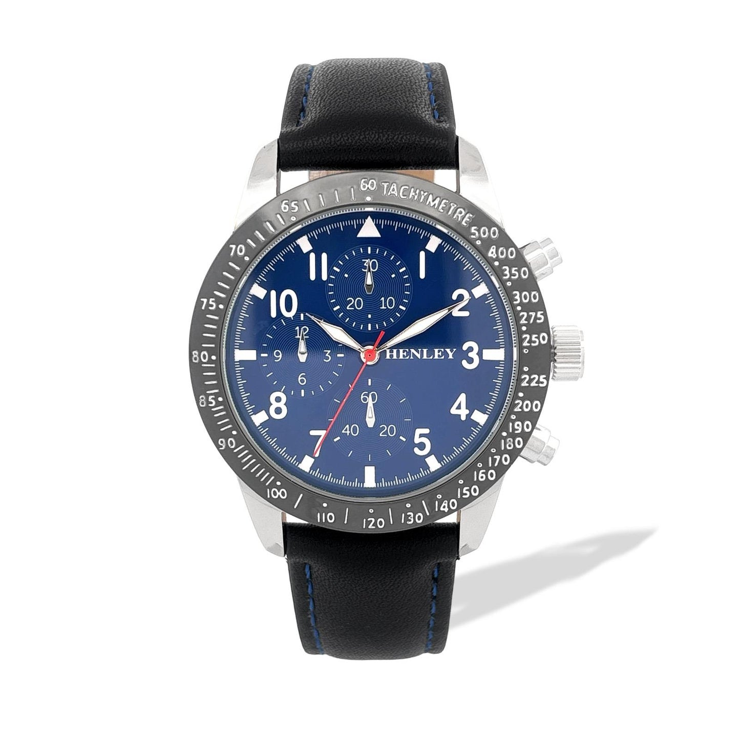 Henley Mens Faux Leather Pilot Watch with Gun Top Ring - Blue/Green/Silver/Black