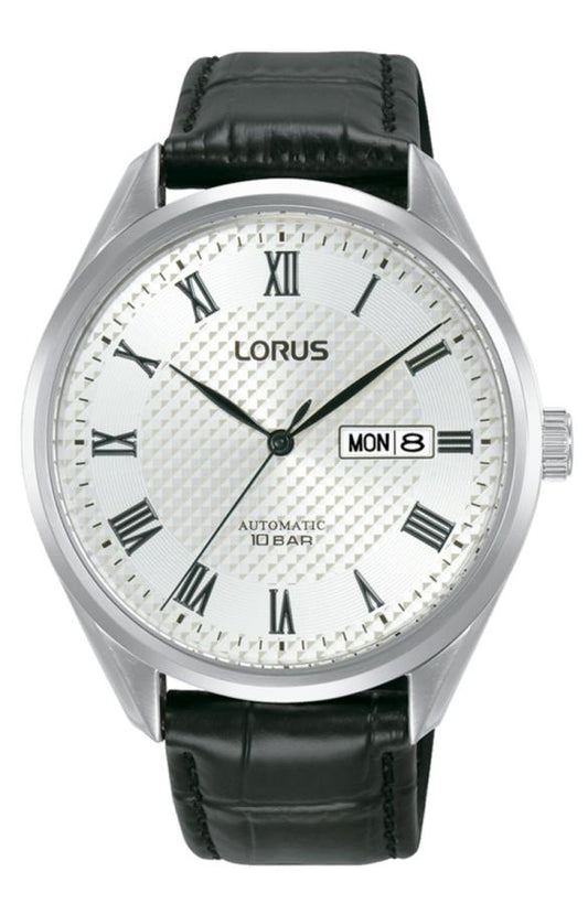 Lorus Mens Automatic White Day/Date Dial Black Leather Strap Watch RL437BX9