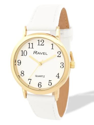 Ravel Ladies Basic Medium Gilt Case White Dial Leather Strap Watch Available Multiple Colour
