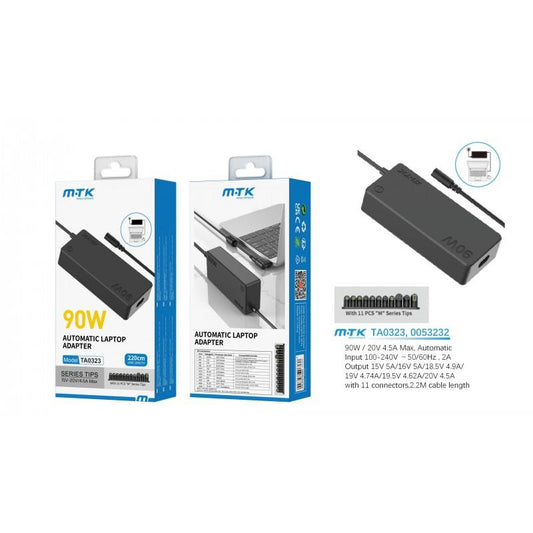 90W Automatic Universal Laptop Charging Adapter, include PFC 11pcs "M"series tips, 1.2M, Input: 100-240V 60Hz/50Hz 2.4A, Output: 15V-20V 4.5A Max, Black
