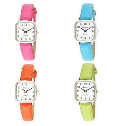 Ravel Ladies Cushion Shaped Brights Leather Strap Watch R0141 Available Multiple Bright Colour