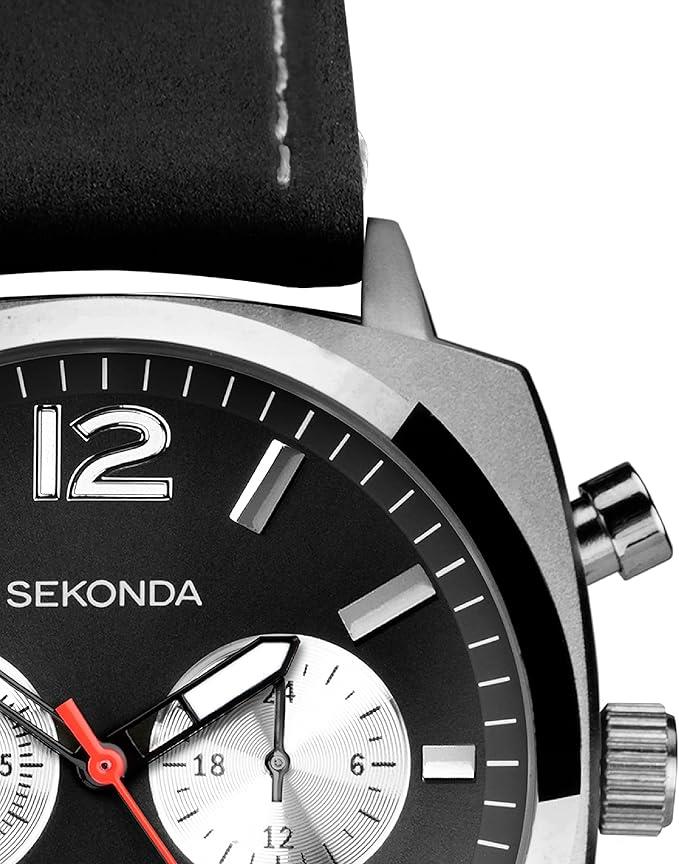 Sekonda Mens Chronograph Dated Pilot Airborne Black Leather Strap Watch 30028
