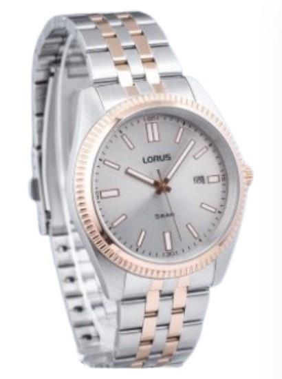 Lorus Mens Basic Fashion Date Grey Sunray Dial Two tone Rose gold and Silver Stainless Steel Bracelet Watch RH974QX9