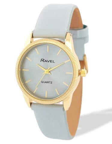 Ravel Ladies Fashion Round Golden Textured Case Dial with Leather Strap Watch Available Multiple Colour