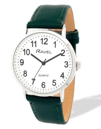 Ravel Mens Basic Big White Dial Green Leather Strap Watch R0129.20.1