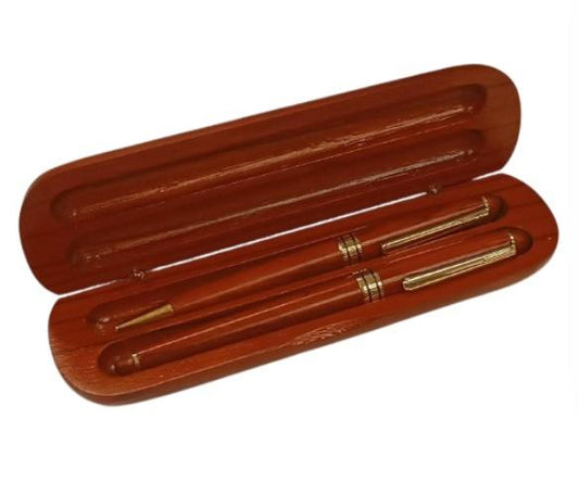 Imperial Wooden Dark Brown Gold Trim 2 Ball Pens With Handmade Wooden Box Gift Set IMP310R - CLEARANCE MIGHT NEEDS RE-REFILL