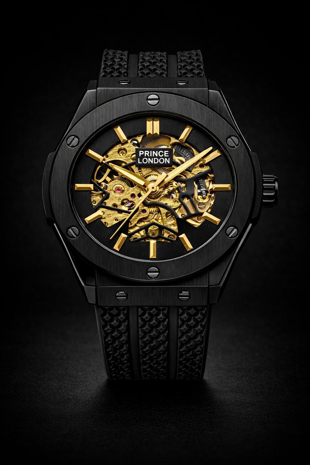 NYL Mens Fashion Automatic Rubber Mechanical Dial Analogue Black/Black Rubber Strap Watch NY London