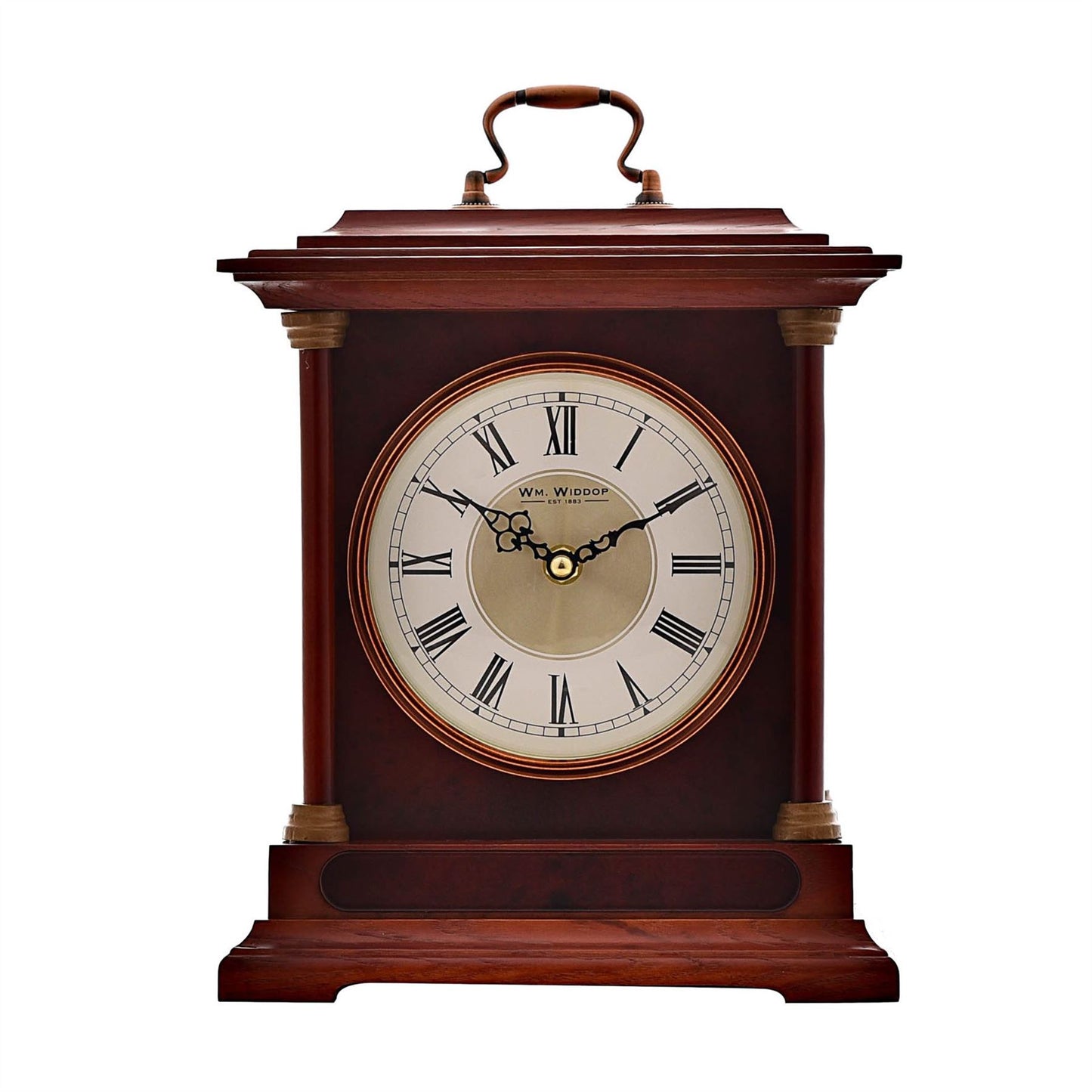 Wm. Widdop Wooden Mantel Clock Metal Handle & Roman Numerals