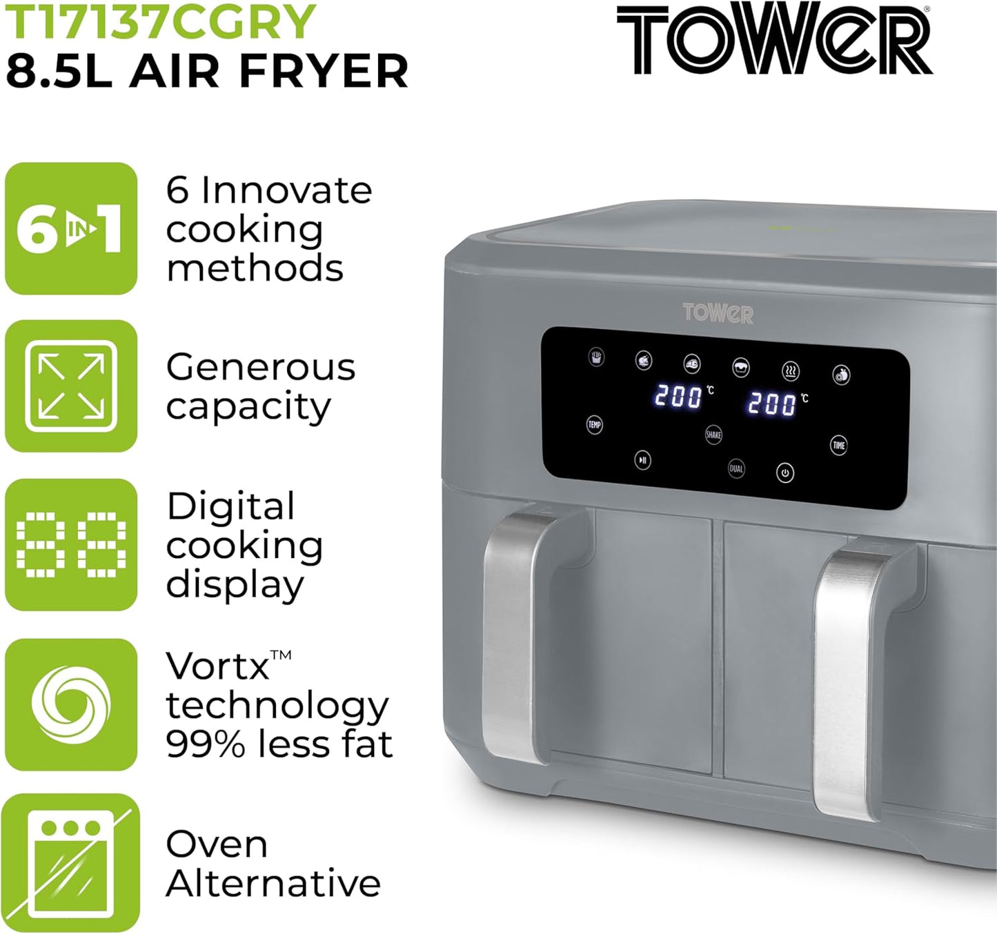 Tower Vortx 8.5L Dual Basket Air Fryer with Dual Cook Function, 2400W, Grey & Chrome