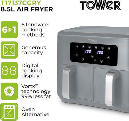 Tower Vortx 8.5L Dual Basket Air Fryer with Dual Cook Function, 2400W, Grey & Chrome