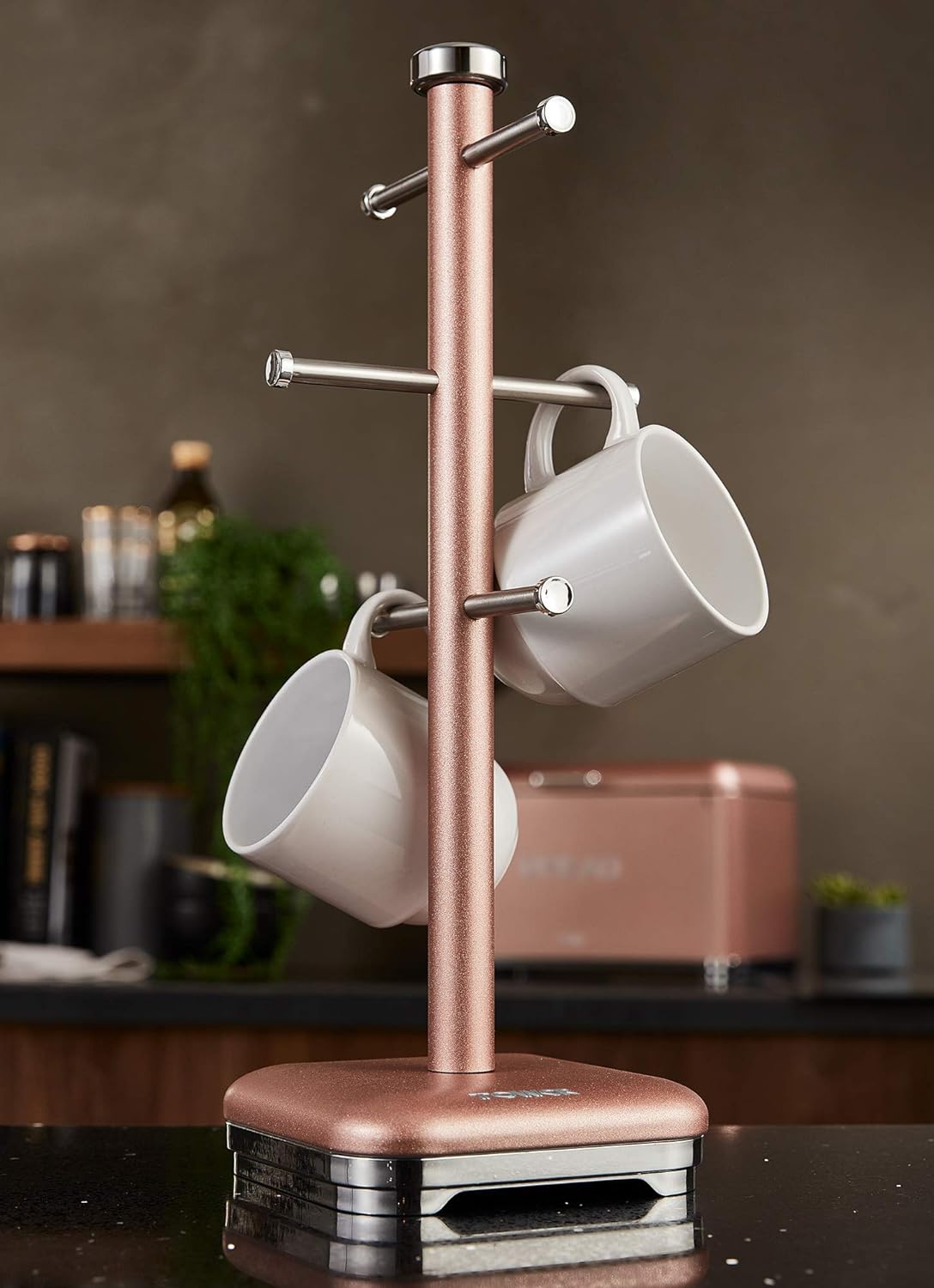 Tower T826016R Kitchen Tree, Glitz Range, 6 Cups Mug Stand, Steel, Blush Pink, One Size