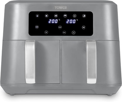 Tower Vortx 8.5L Dual Basket Air Fryer with Dual Cook Function, 2400W, Grey & Chrome