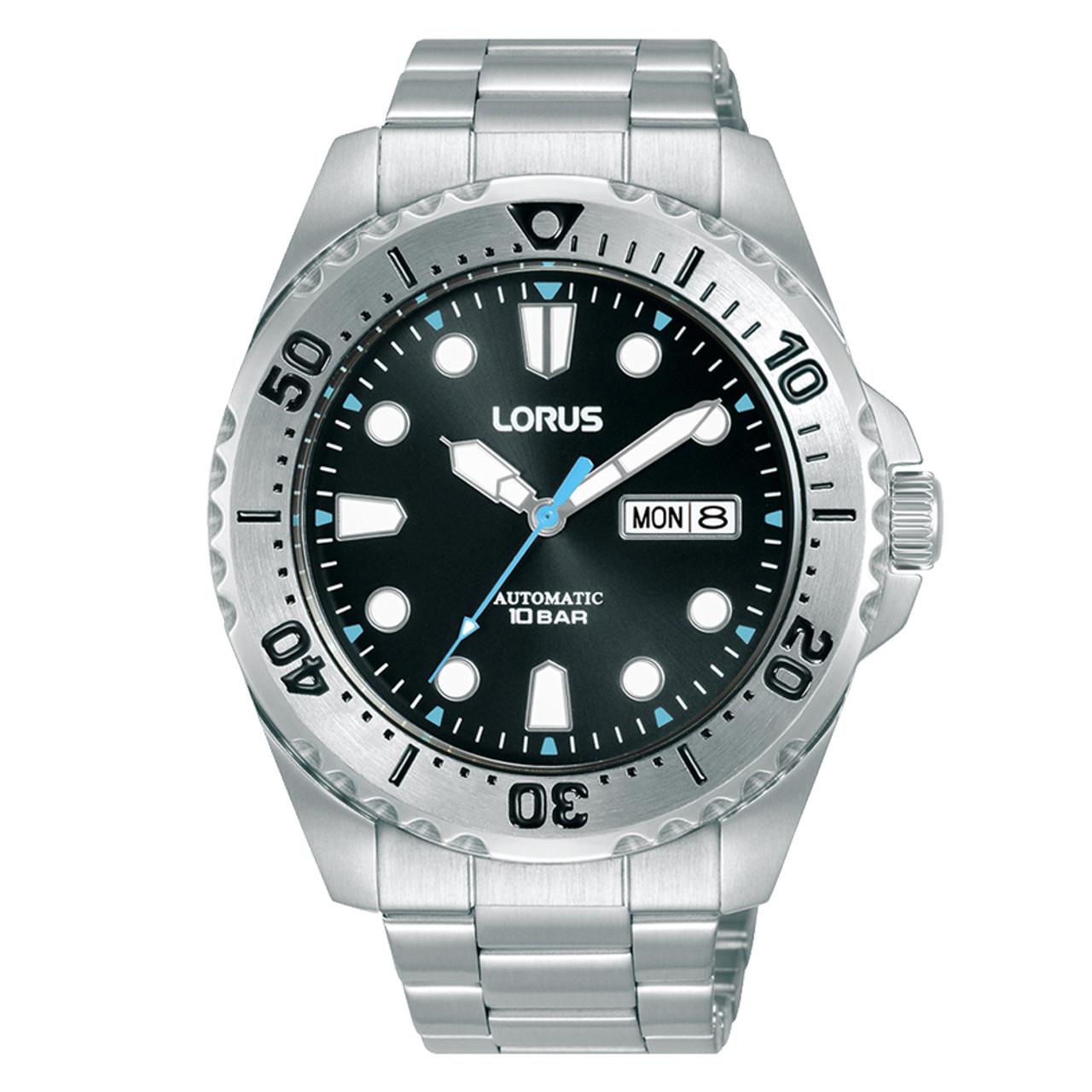 Lorus Mens Sports Fashion Automatic Day/Date 44mm Black Dial stainless-steel bracelet Watch