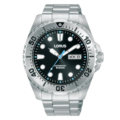 Lorus Mens Sports Fashion Automatic Day/Date 44mm Black Dial stainless-steel bracelet Watch