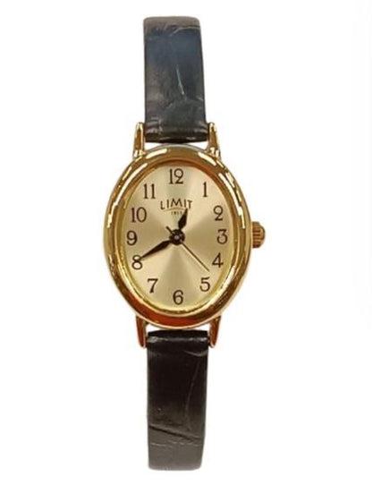 Limit Ladies Basic 27mm oval Golden Dial Black Number with Black Faux Leather Strap Watch  60144